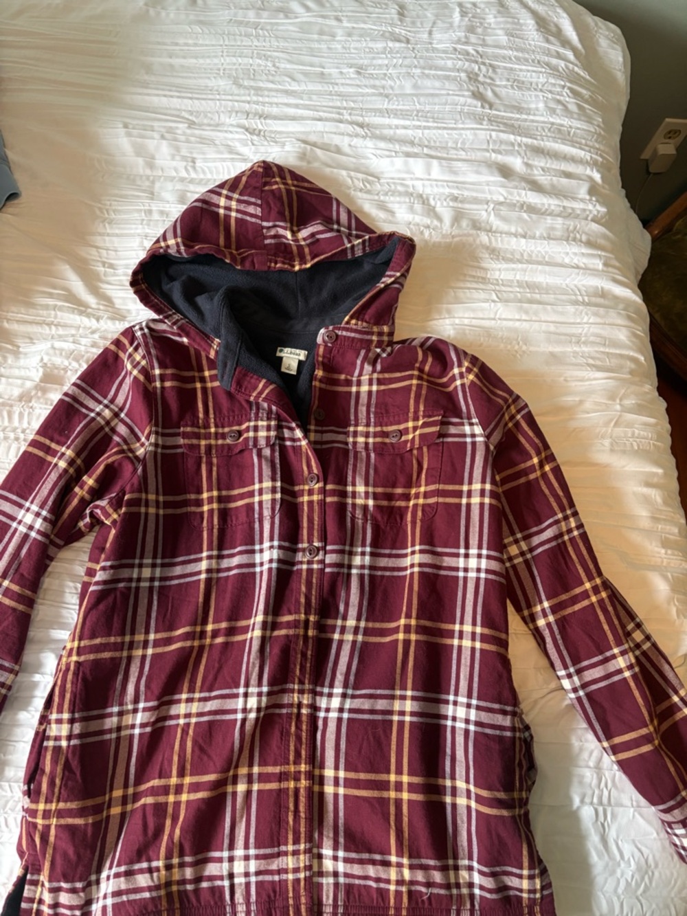 L.L. Bean Burgundy and Yellow Plaid Hooded Flannel Jacket with side pockets